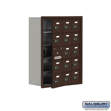 Recessed Mounted Cell Phone Locker with 15 A Doors (14 usable) in Bronze - Resettable Combination Locks